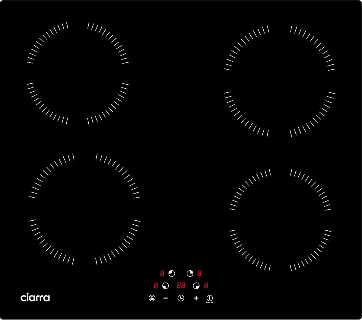 CIARRA CABBIH4-A, Varné desky, CABBIH4A built- in induction hob 60cm 4 zóny indukční spoj s časovým dotykovým, Černá, 60cm, 6000W, 9 v, 26 cm