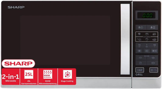 SHARP R742INW 2-in-1, Mikrovlnné trouby s grilem, mikrovlnná trouba s grilem / 25 L / 900 W / 1000 W gril / LED displej / 8, Stříbrná, 25 L