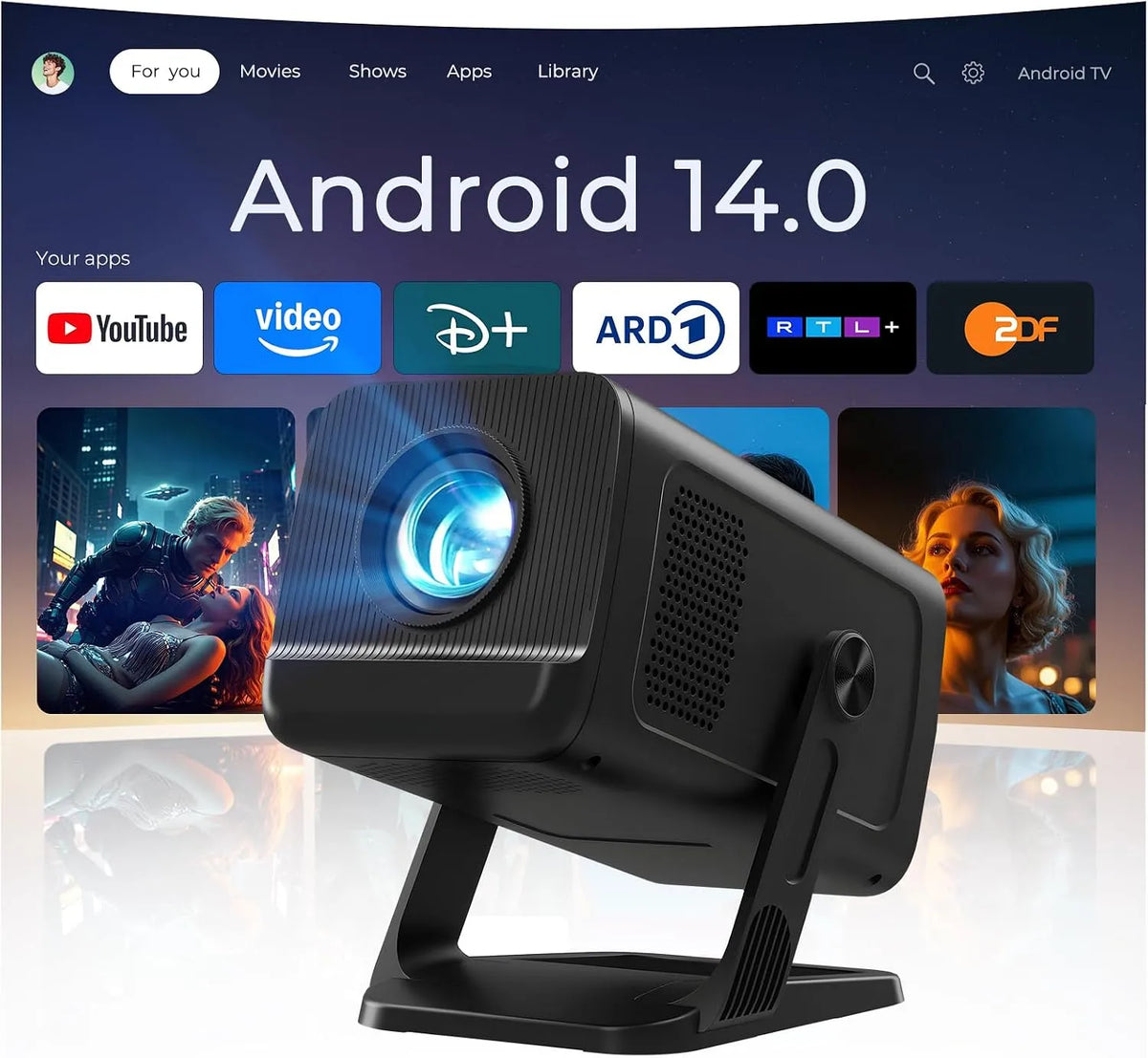 LYNCAST 4K-Dekodierung 720p, Projektory, Mini Beamer 4K Decoding, Android 14 & App by dálkové ovládání, rodák, Černá, 4K, 5G, 2.4G, 100 inch
