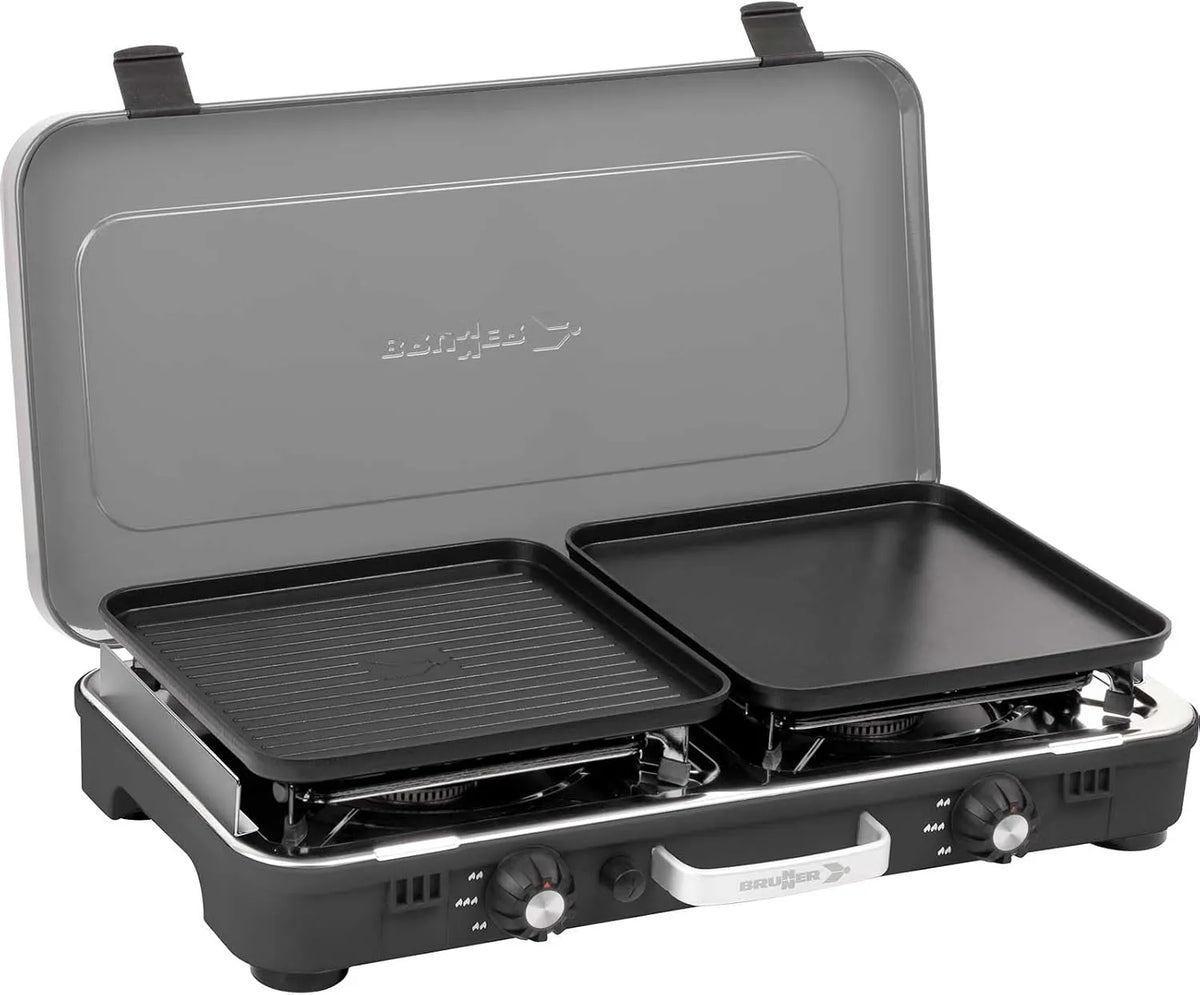BRUNNER 2-flammig 50mbar, Kempinkové sporáky, Camping sporák 2- plamenný plynový sporák POWERKOOK 2xGrillplatter, Černá, 2x2000