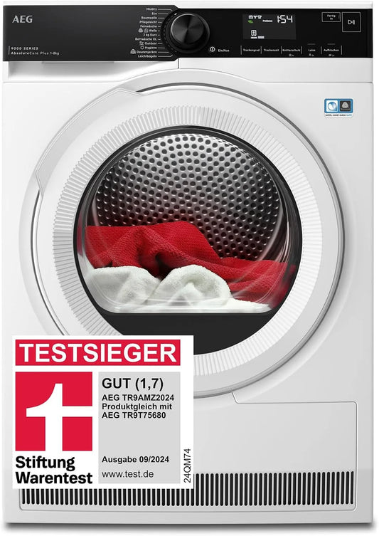 AEG 3D-Scan TR9AMZ2024, Sušičky s tepelným čerpadlem, vysoušeč teplých čerpadel 8 kg, vítěz zkoušky Stiftung Warentest, série 9000, Černá, 8 kg