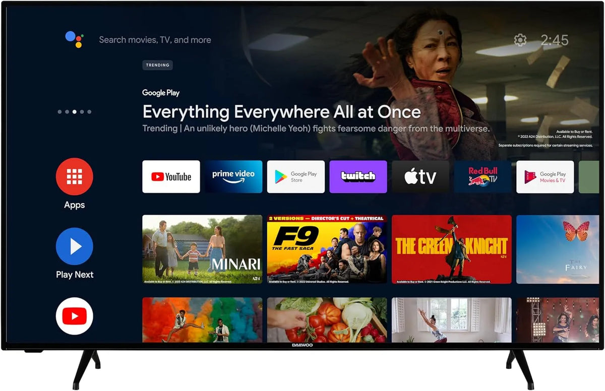 Daewoo D55DM54UAMSX, Televizory, Android TV 55 palců TV (4K UHD Smart TV, HDR Dolby Vision, Dolby Atmos, trojitý, Černá, 4K, 108 cm