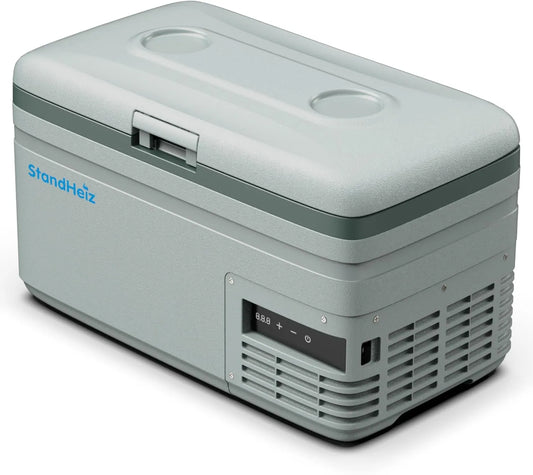 StandHeiz 12V/24V/230V, Chladničky, Kompresor Lednice Box 15L - Kompaktní Mini Lednice s App ovládání & ECO Mode, 12V, Šedý / zelený, 24V