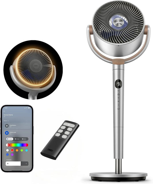 DREO, Samotný ventilátor, Smart Stand- Up ventilátor s RGB Light, 120 ° + 120 ° Oscilační ventilátor s, Stříbrná, 20dB, 1 v