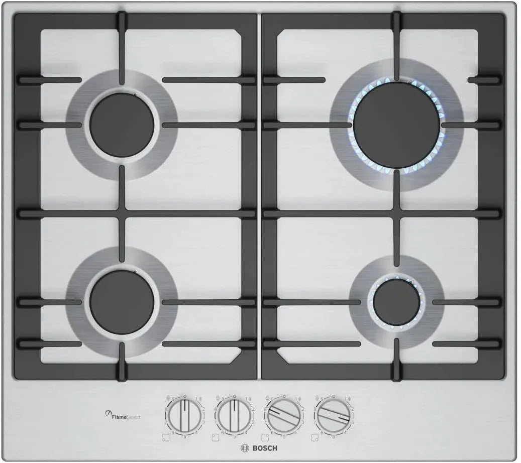 Bosch 4-flammig PCP6A5I90, Varné desky, ová 6 plynová varná deska 4- plamen 60 cm nerezová ocel, Stříbrná, 60 cm, 4 v, 3 kW, 15 x 58