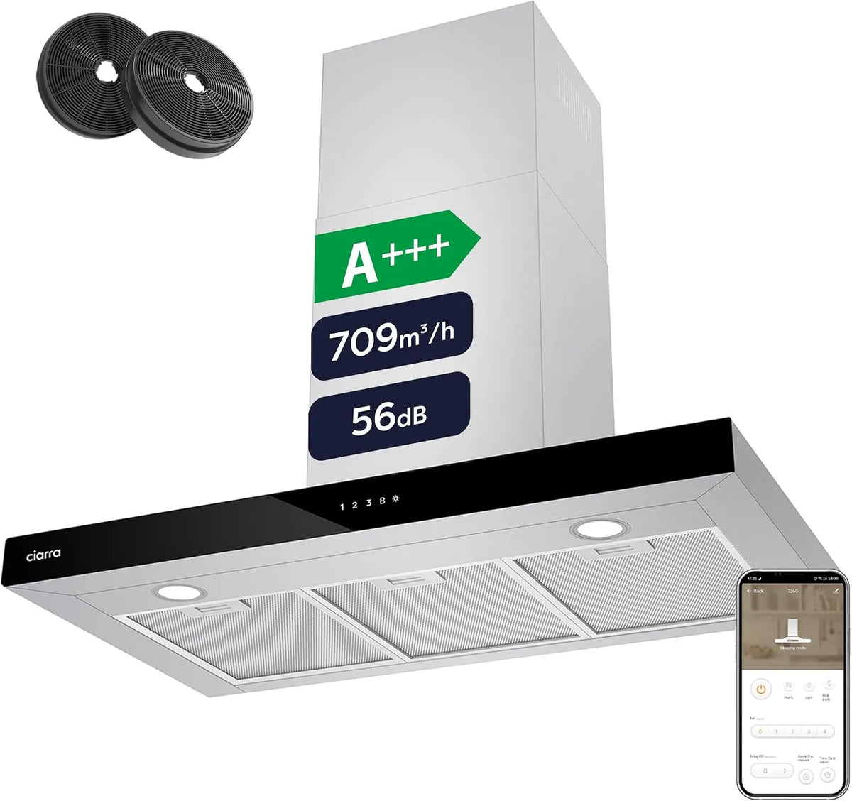 CIARRA CBCS9102, Nástěnné digestoře, A + + vzdálenost kapoty 90 cm 709 m3 / h Nízká rychlost 56 dB nerezová ocel, Stříbrná, 90 cm, 56 dB, 61dB