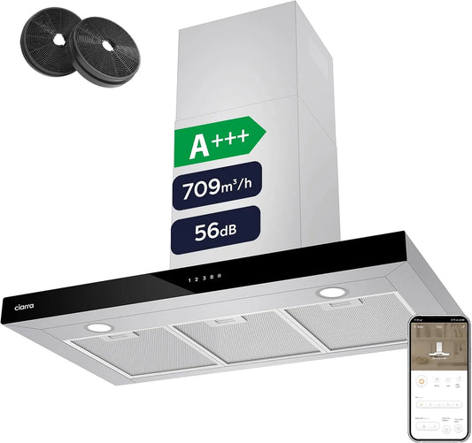 CIARRA CBCS9102, Nástěnné digestoře, A + + vzdálenost kapoty 90 cm 709 m3 / h Nízká rychlost 56 dB nerezová ocel, Stříbrná, 90 cm, 56 dB, 61dB