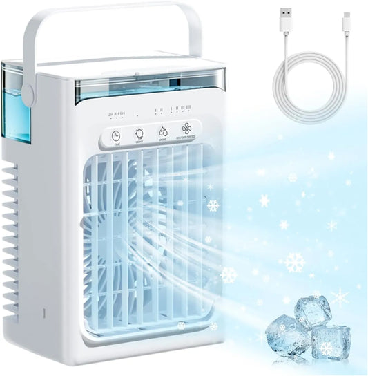 QEEKADA 2-stufige 4-in-1, Odpařovací chladiče, Mini klimatizace Mobile, 4- in-1 Mobile Klimatizace Malé, USB ventilátor chladič, Bílá, 55 dB, 5 V