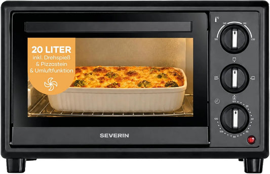 SEVERIN 120Min, Mini trouby, pečení a toasty trouba, Pečení a toast, 20L, do 230 ° C, cirkulující funkce, Černá, 1600W, 29cm