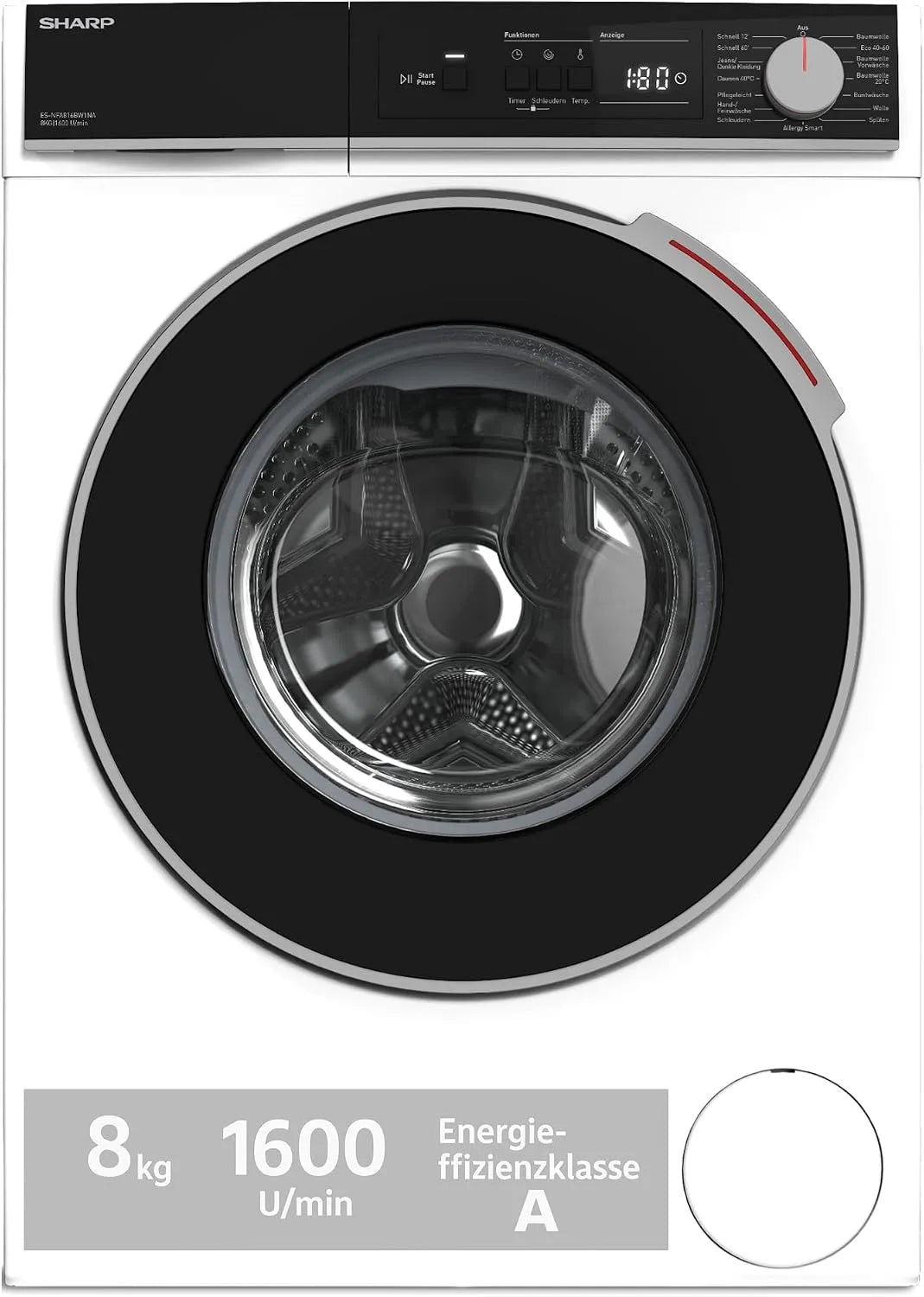 SHARP ES-NFA816BW1NA-DE, Pračky, pračka (8 kg, EEK A, 1600 ot. / min.), (Inverter motor, AquaStop), bílá, 8 kg, 4 l