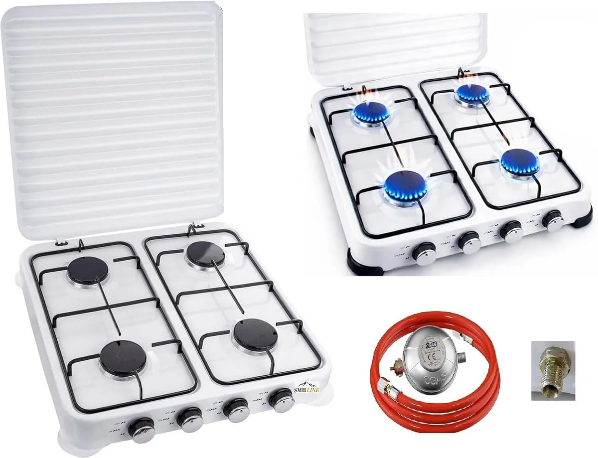 SMH LINE, ® Gas Kocher Kempování Kocher 4 plamen včetně hadice a regulátoru 50 mbar plyn, Černá, 10 KW, 0, 6 mm, 10000 W, 590 x 320 x 110 mm