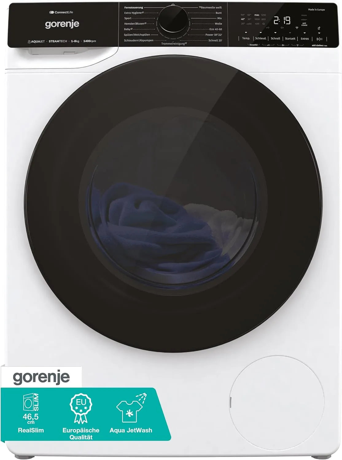 Gorenje, Pračky, WPNA 84 SATSWIFI pračka s funkcí páry / 8 kg / 1400 U / Slim Line / ConnectLife, Bílá, 8 kg