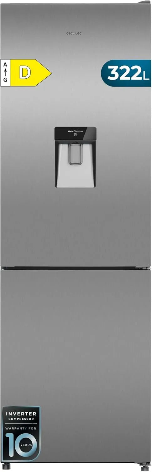 Cecotec 322i 32vi, Kombinované chladničky s mrazákem, Kombinovaná lednička s dávkovačem vody 322L Bolero CoolMarket Combi WD Inox D., Stříbrná