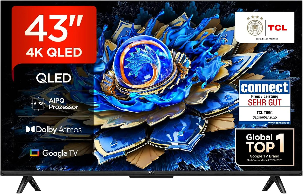 TCL 43T69C, Televizory, 43 palců QLED, Direct LED TV, 4K HDR TV, Smart Google TV (Dolby Vision & Atmos, Černá, QLED, 4K, 1G, 2G