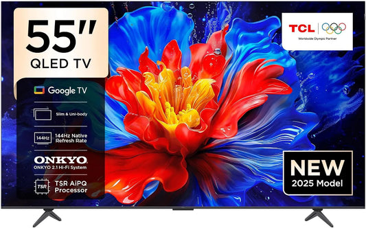 TCL 55P8K-UK 55P8K, Televizory, UK 55 palců 4K 144Hz Gaming QLED Onkyo 2.1 Dolby Atmos Google TV s Dolby Vision &, Černá, 4K, 144Hz, QLED, 70 l