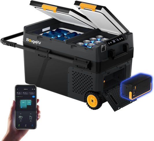 BougeRV CRD2 V2.0, Chladničky, Kompresor na duální dveře Chladicí box 40L s baterií 240Wh, Černá, 2 V, 40L, 240W, 12V