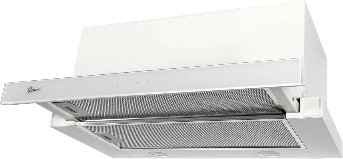 Gurari 1000m3, Výsuvné digestoře, Plochá obrazovka GCH B 117 WH PRIME + uhlíkový filtr, osazený rozsah kapoty 60, Bílá, 117 W, 60 cm, 596 mm