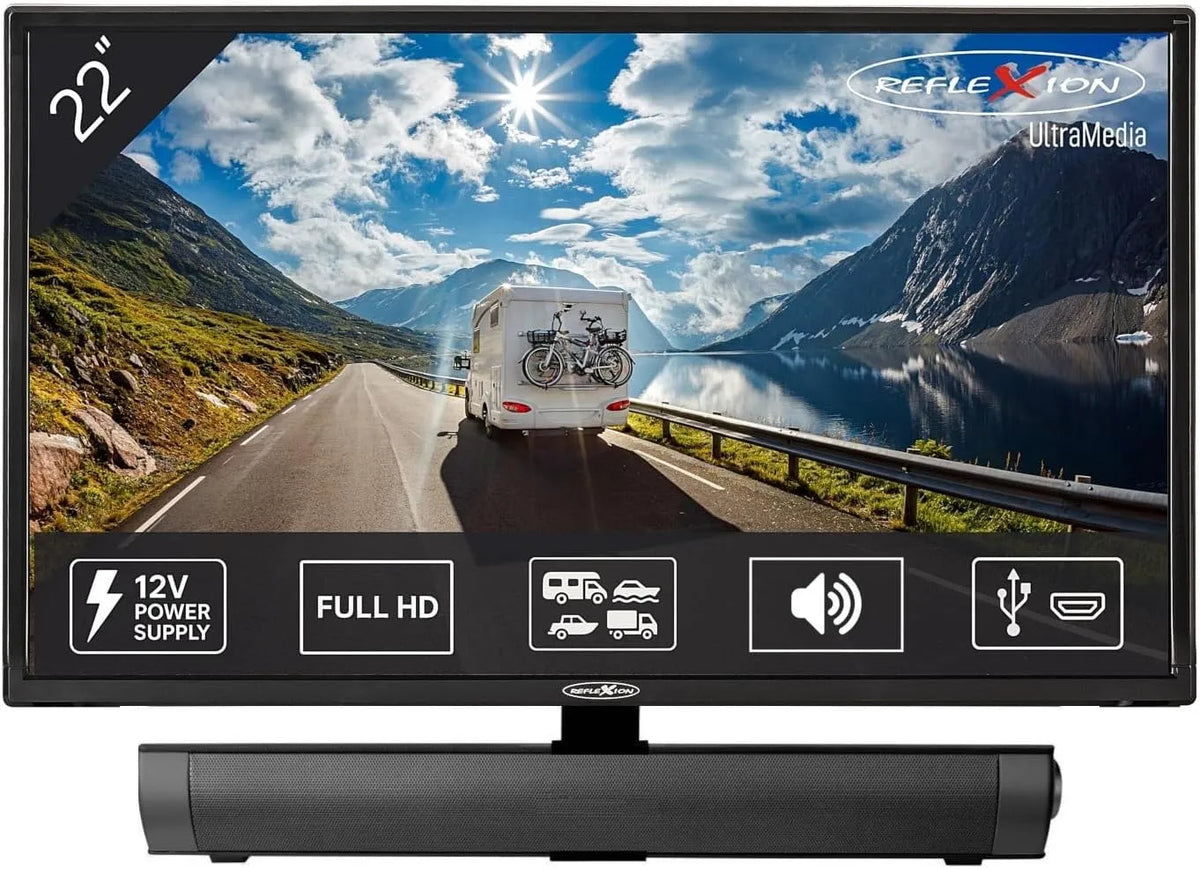REFLEXION LED2225SB, Přenosné televizory, Reflection 22 palcová TV s autoadaptérem Soundbar - 12V pro obytné přívěsy a, Černá, 12V, Full HD